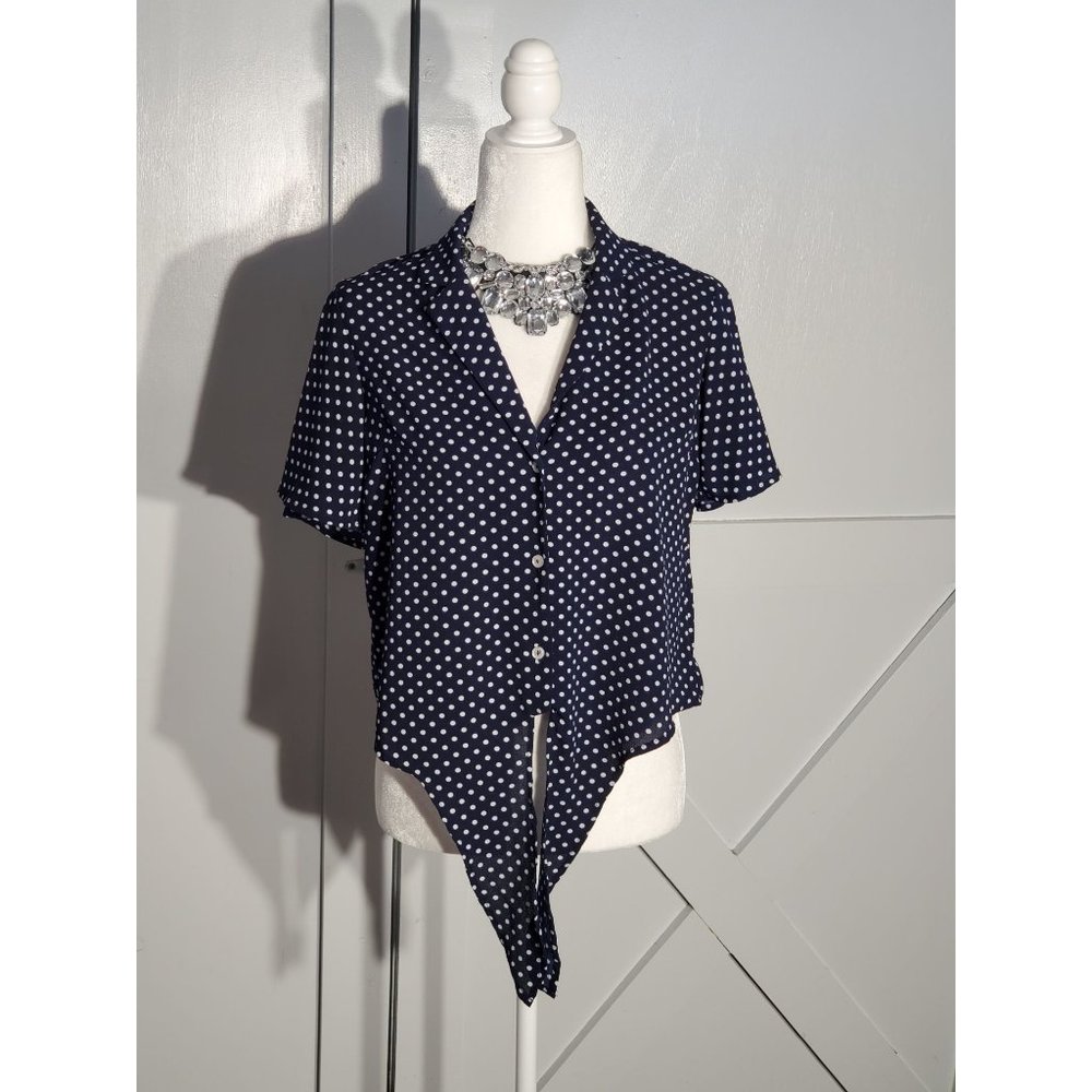 MONTEAU BLOUSE POLKA DOT COLOR BLUE SHORT SLEEVE POLY/SPANDEX SIZE S